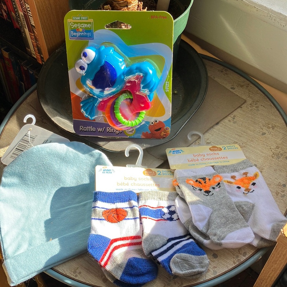 Infant Boy’s 3 piece Set-Hat, 2-Sets of Baby Socks, and a Sesame Street Rattle